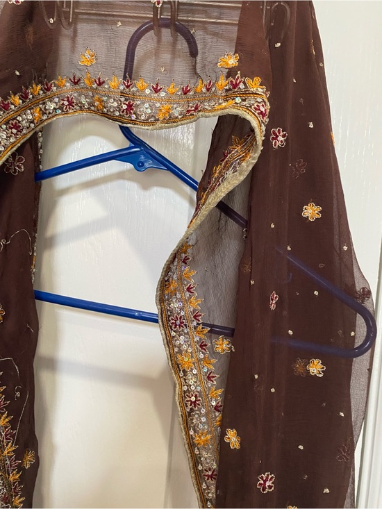 Accessories - Embroidered Brown Sheer Scarf with Gold & Marigold Accents